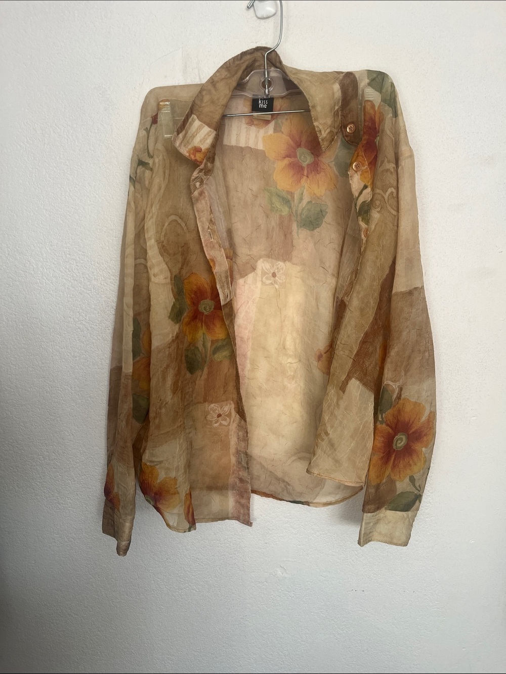 Vintage Floral Sheer Button-Up Blouse - Beige